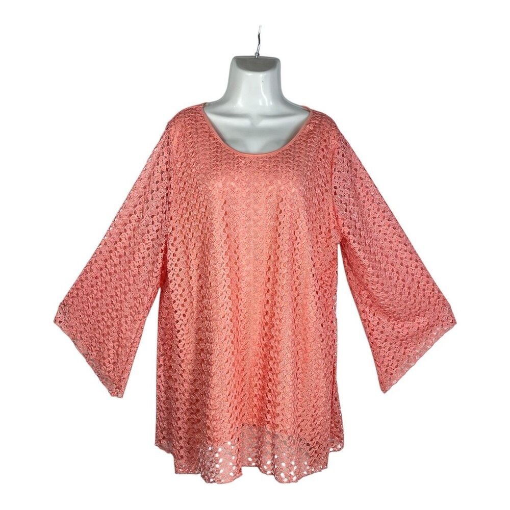 Frazzle Women’s XXL Coral Pink Lace Blouse Bell Sleeve Scoop Neck Casual Travel